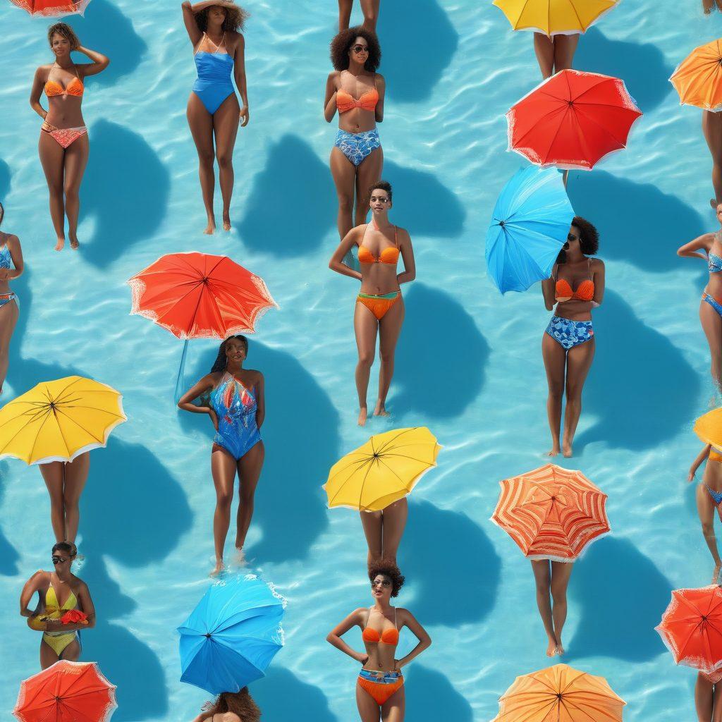 A vibrant beach scene filled with diverse models showcasing the latest swimwear trends, featuring bold colors and unique patterns. Include playful waves crashing in the background, beach umbrellas, and sunbathers. Emphasize summertime vibes with bright sunlight and a clear blue sky. super-realistic. vibrant colors. 3D.